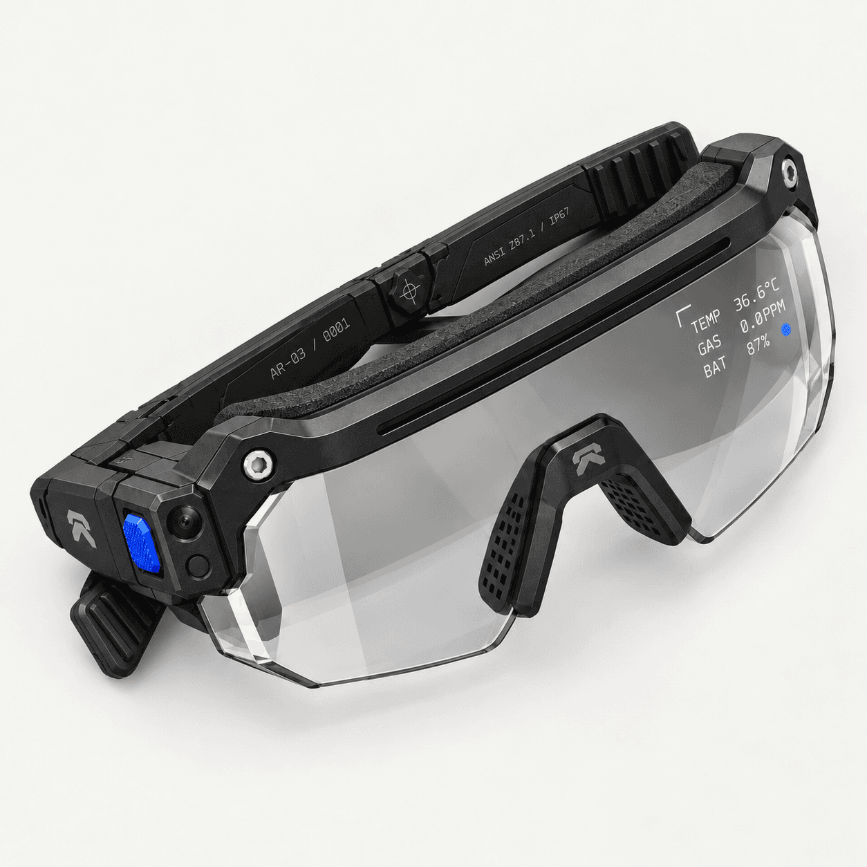Demo wraparound eyewear with an illustrative readout in the lens