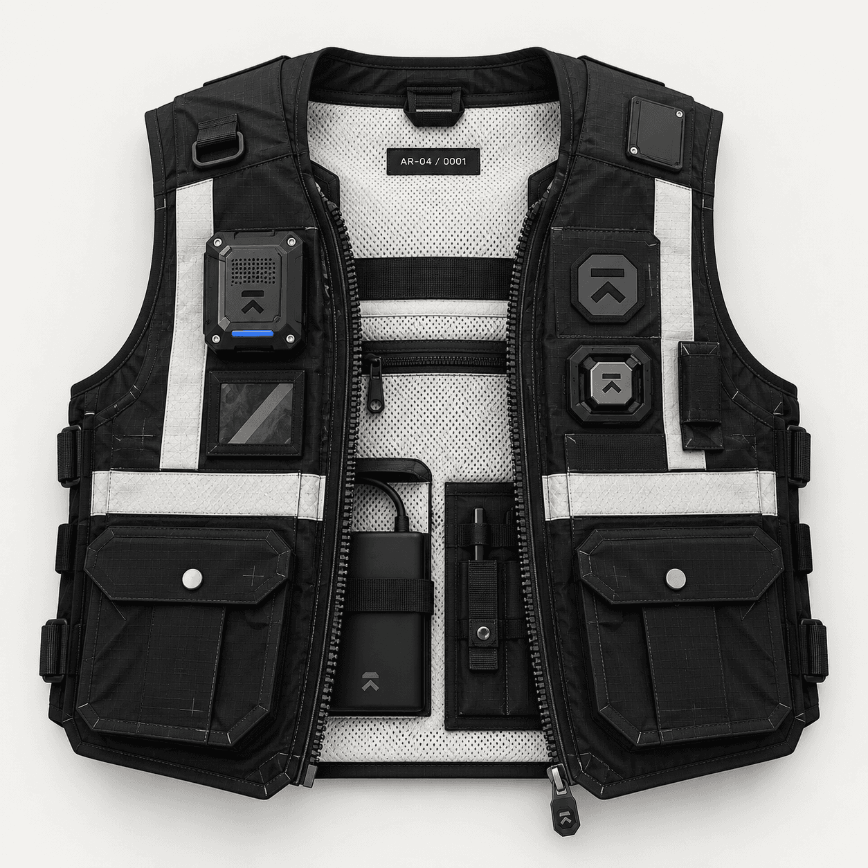 Demo vest laid open, showing light panels, pockets and attached modules